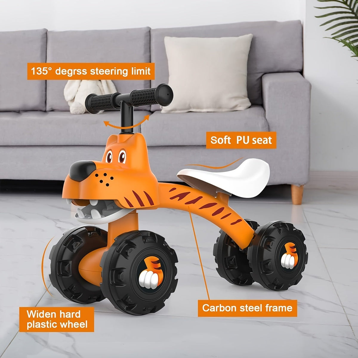 Toddler 4-Wheel Balance Bike (12–24 Months) — Tiger Design, 9 in Wide All-Terrain Wheels, Safety Belt, Non-Toxic No-Pedal Ride-On, Easy Assembly