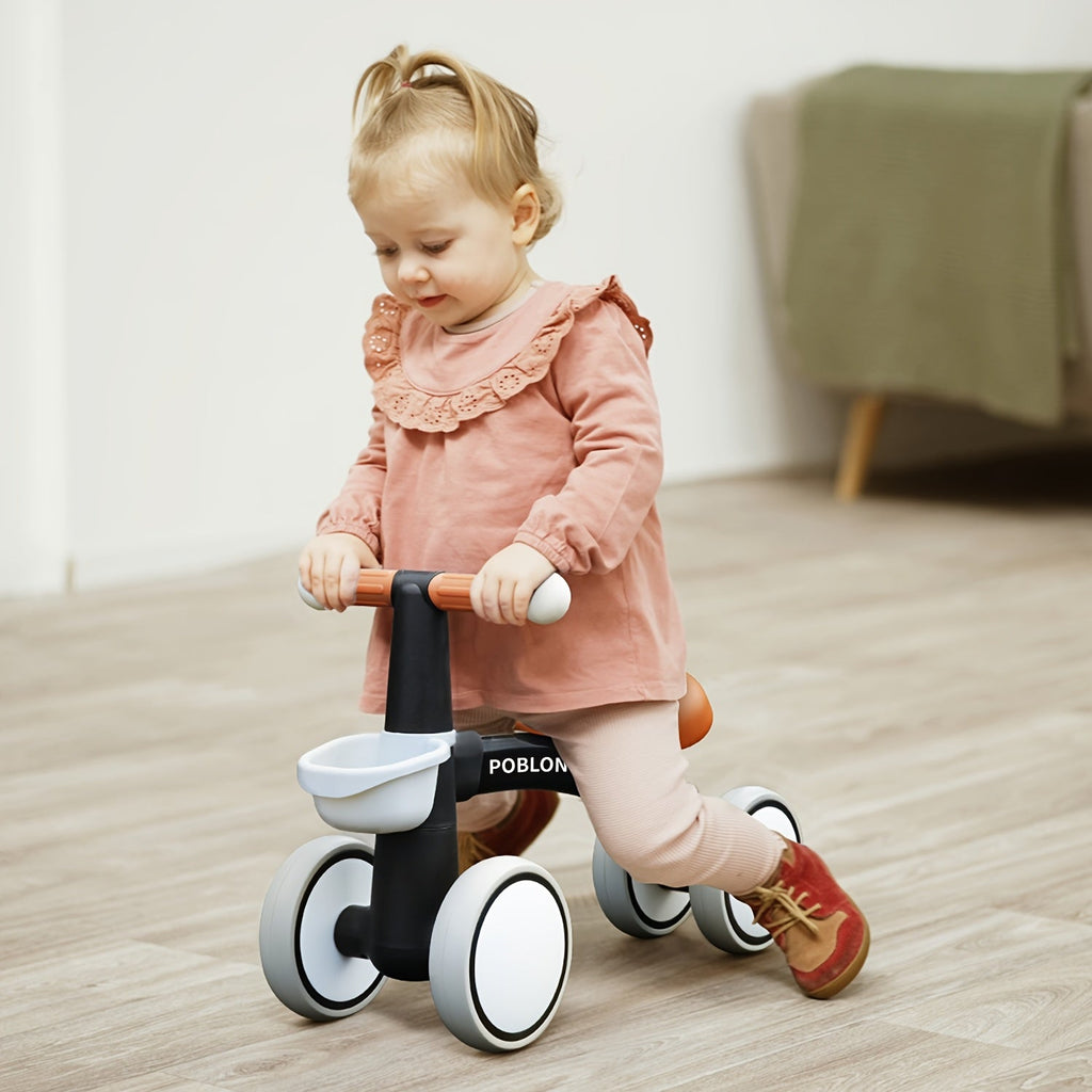 Toddler 4-Wheel Balance Bike (12–24 Months) — Pedal-Free with Adjustable Seat, Removable Basket & Quiet EVA Tires