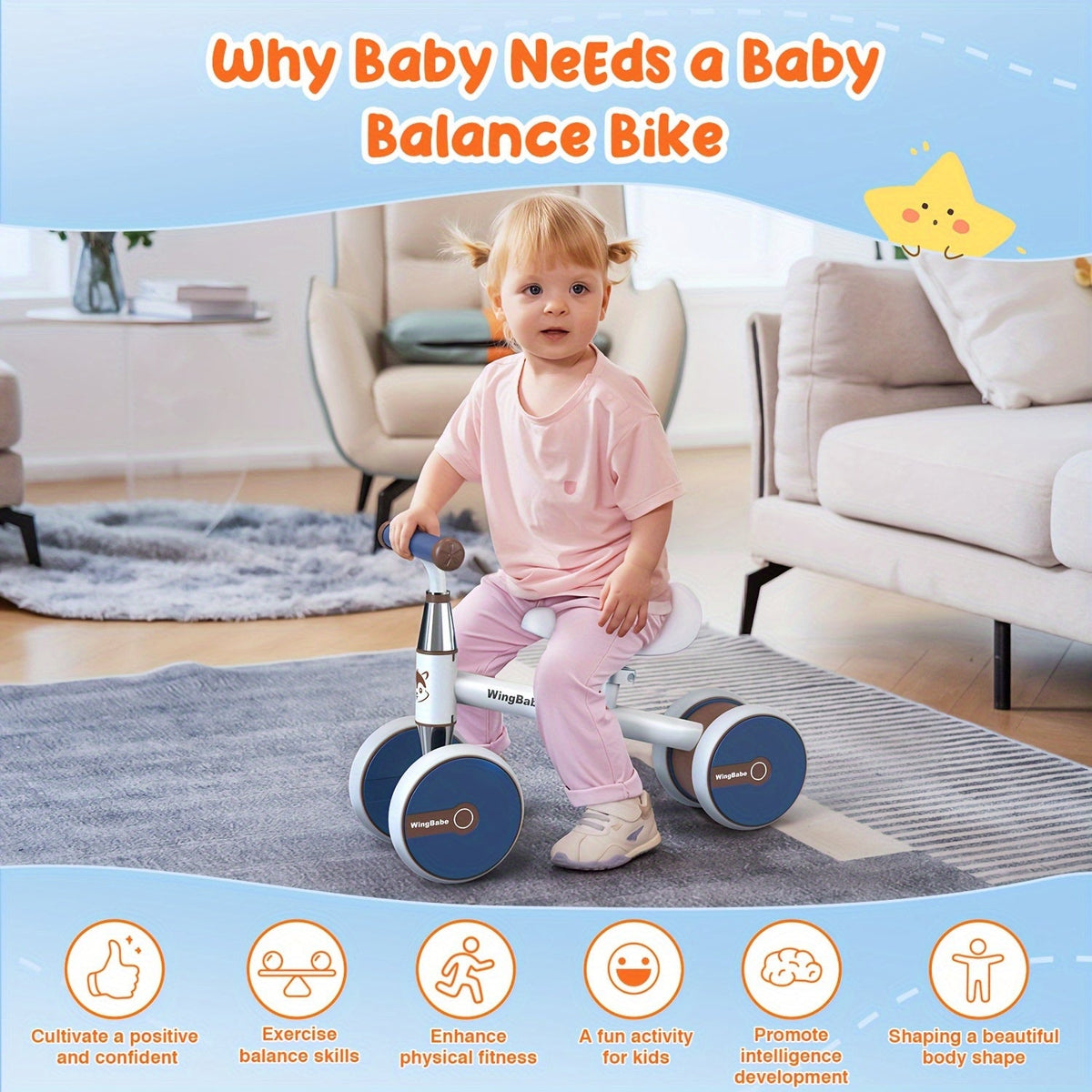 4-Wheel Toddler Balance Bike for 12-36 Months (1-3 Years) – Adjustable Seat 10.6-13 in | Lightweight 5 lb, Supports up to 25 kg/55 lb – First Ride Gift for Boys & Girls