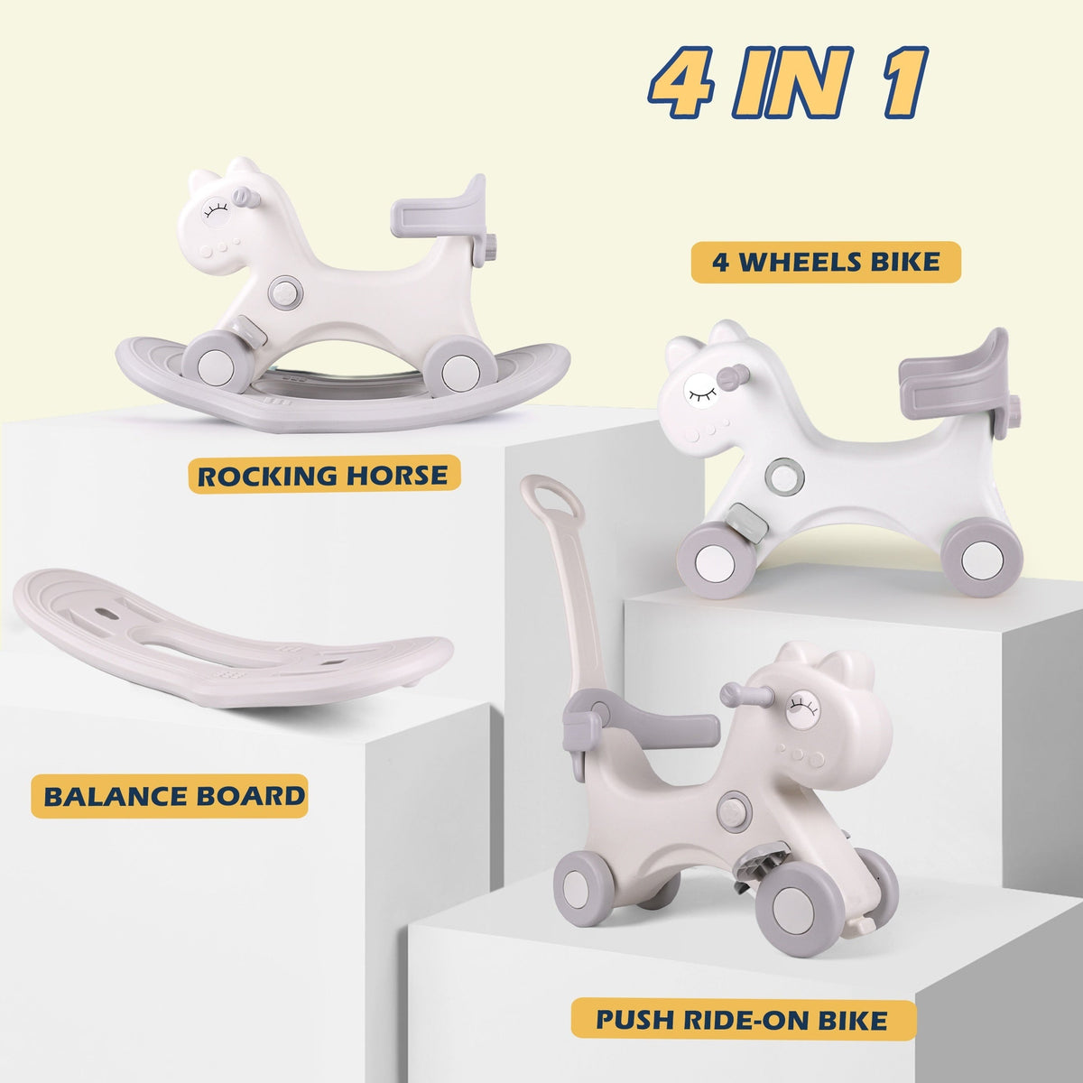 4-in-1 Toddler Rocking Horse & Convertible Balance-Bike Ride-On — Push Handle, 4-Wheel Stable, BPA-Free, 110 lb (50 kg) Capacity, Ages 1–5, White