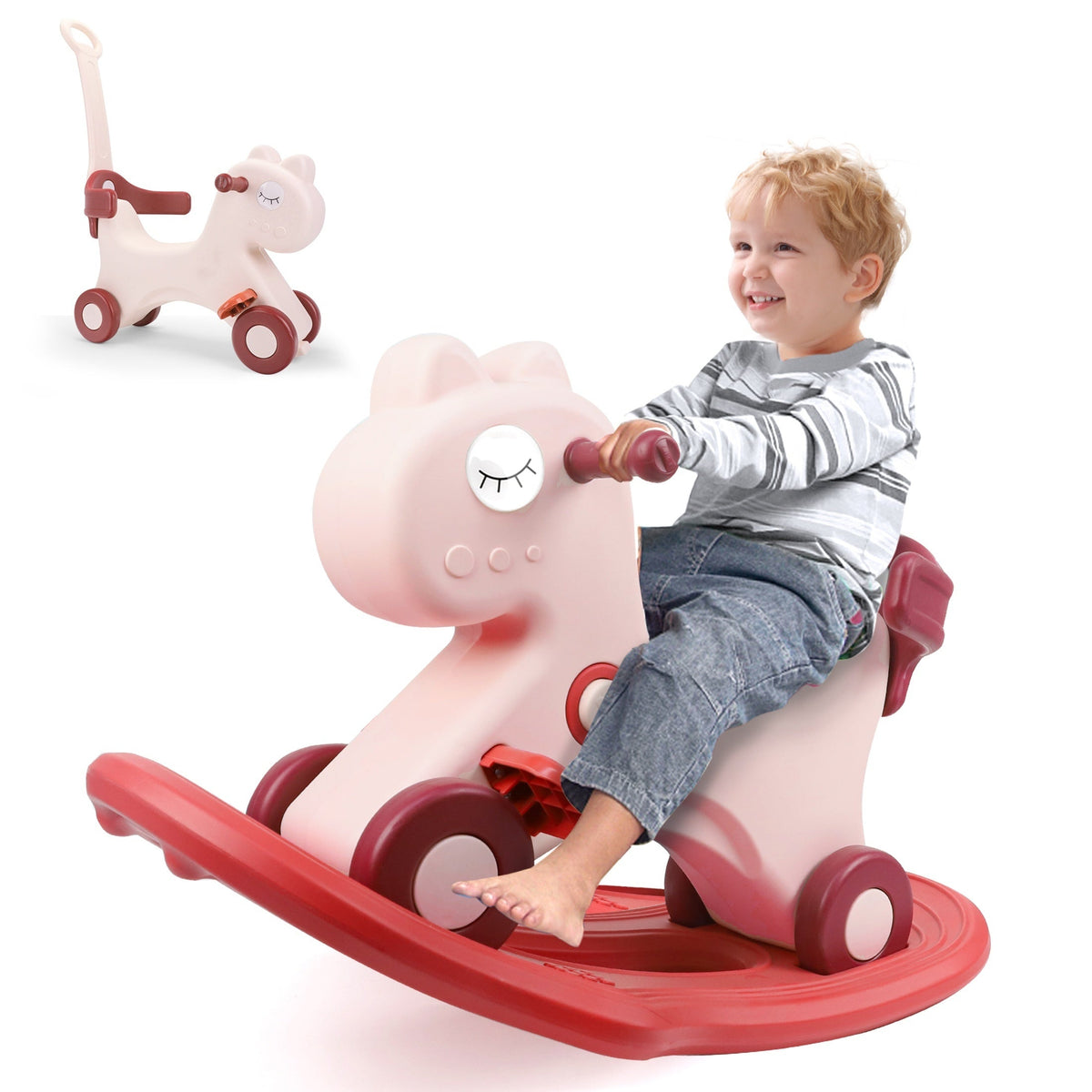 4-in-1 Toddler Rocking Horse & Convertible Balance-Bike Ride-On — Push Handle, 4-Wheel Stable, BPA-Free, 110 lb (50 kg) Capacity, Ages 1–5, White