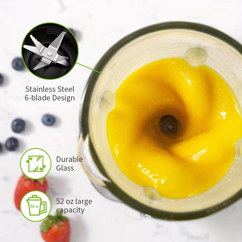 Powerful Countertop Blender with 52oz Glass Jar and 22oz Travel Cup Silvery