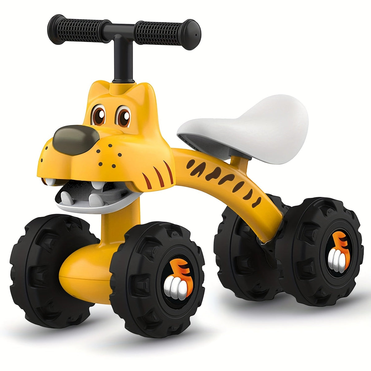 Toddler 4-Wheel Balance Bike (12–24 Months) — Tiger Design, 9 in Wide All-Terrain Wheels, Safety Belt, Non-Toxic No-Pedal Ride-On, Easy Assembly