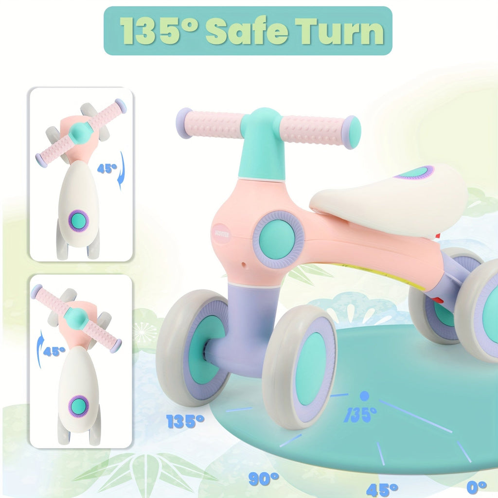 Baby Balance Bike for 12–36 Months (1–3 Years) — 4-Wheel Stable No-Pedal Push Tricycle with Adjustable Cushioned Seat & Handlebars — First Birthday Gift, Unisex