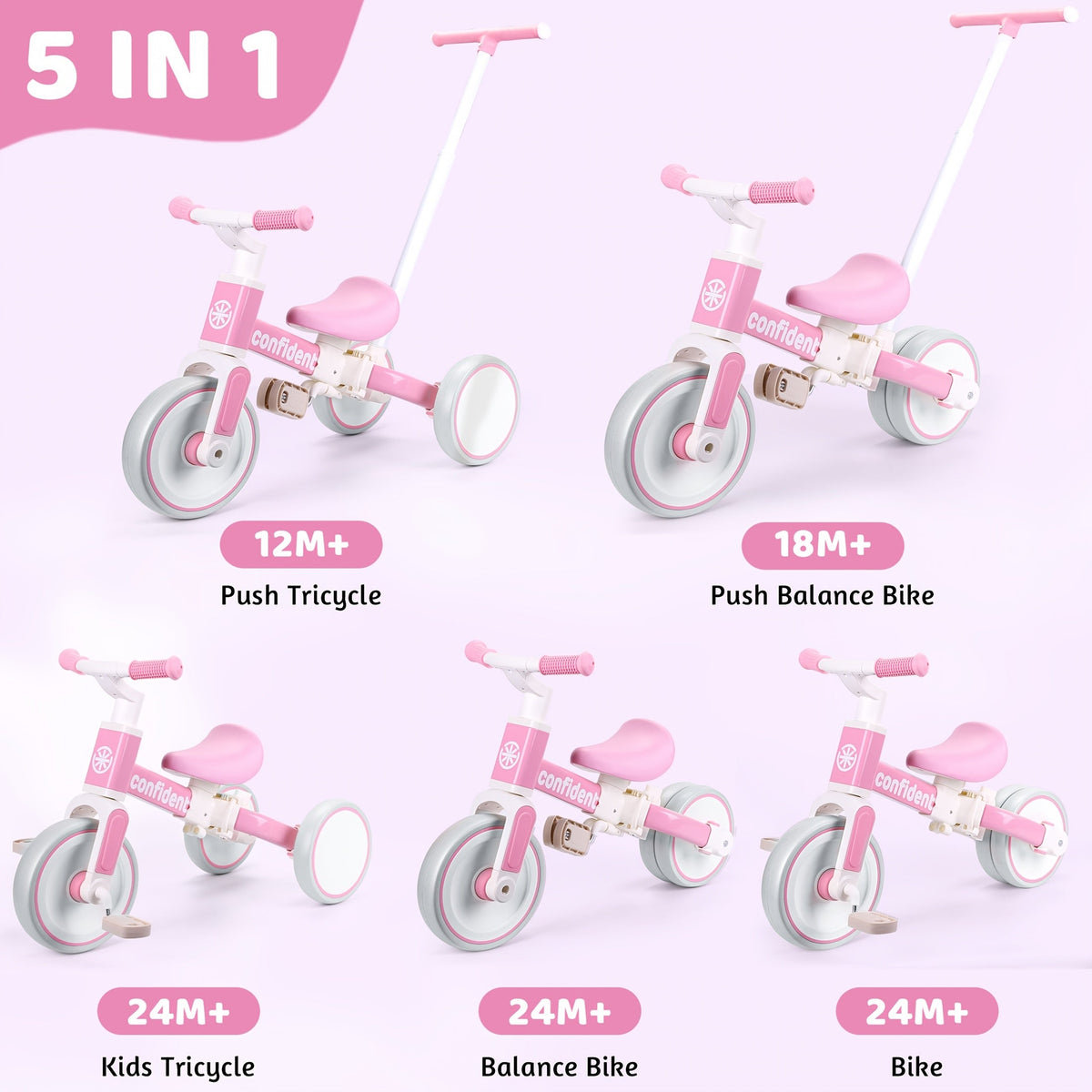 5-in-1 Convertible Baby Balance Bike & Trike with Parent Steering Handle, Detachable Foot Pedals — 4 All-Terrain Wheels, Cushioned Seat, Sturdy Frame — Pink & White, Ages 1-3