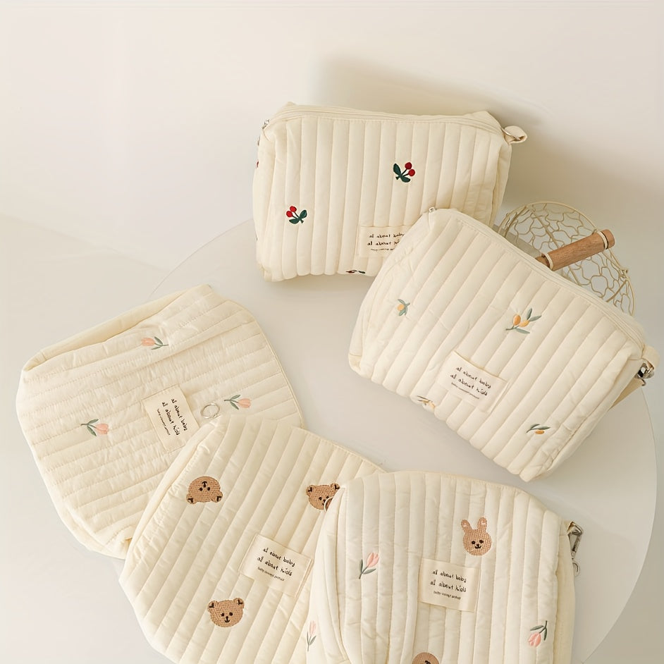 Adorable Quilted Diaper Bag with Bunny & Floral Embroidery – Portable Reusable Nappy Caddy Organizer for Wet/Dry Use, Ideal for Strollers and Small Diaper Bags