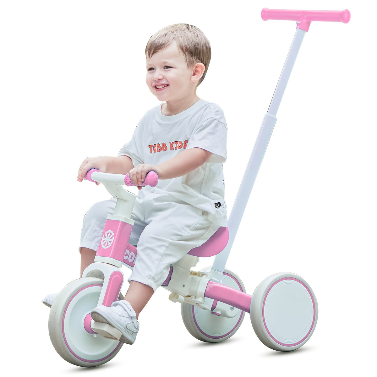 5-in-1 Convertible Baby Balance Bike & Trike with Parent Steering Handle, Detachable Foot Pedals — 4 All-Terrain Wheels, Cushioned Seat, Sturdy Frame — Pink & White, Ages 1-3