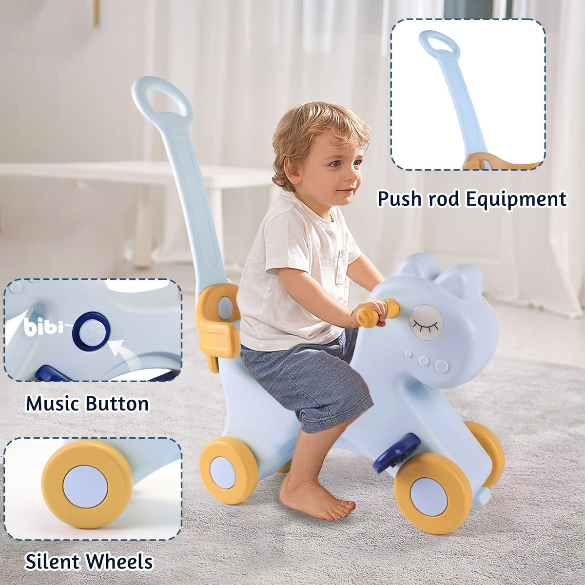 4-in-1 Toddler Rocking Horse & Convertible Balance-Bike Ride-On — Push Handle, 4-Wheel Stable, BPA-Free, 110 lb (50 kg) Capacity, Ages 1–5, White