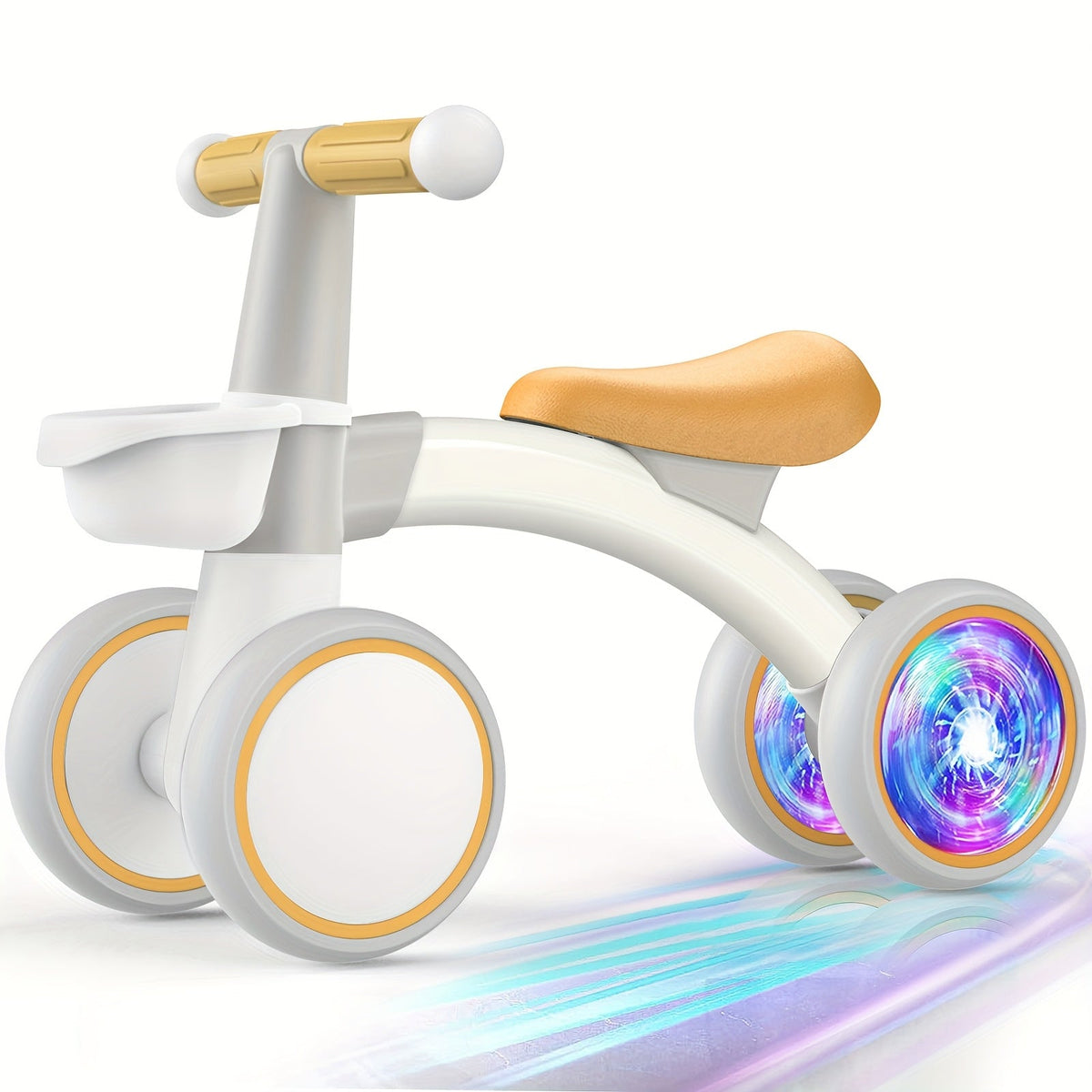 Toddler 4-Wheel Balance Bike (12–24 Months) — Pedal-Free with Adjustable Seat, Removable Basket & Quiet EVA Tires