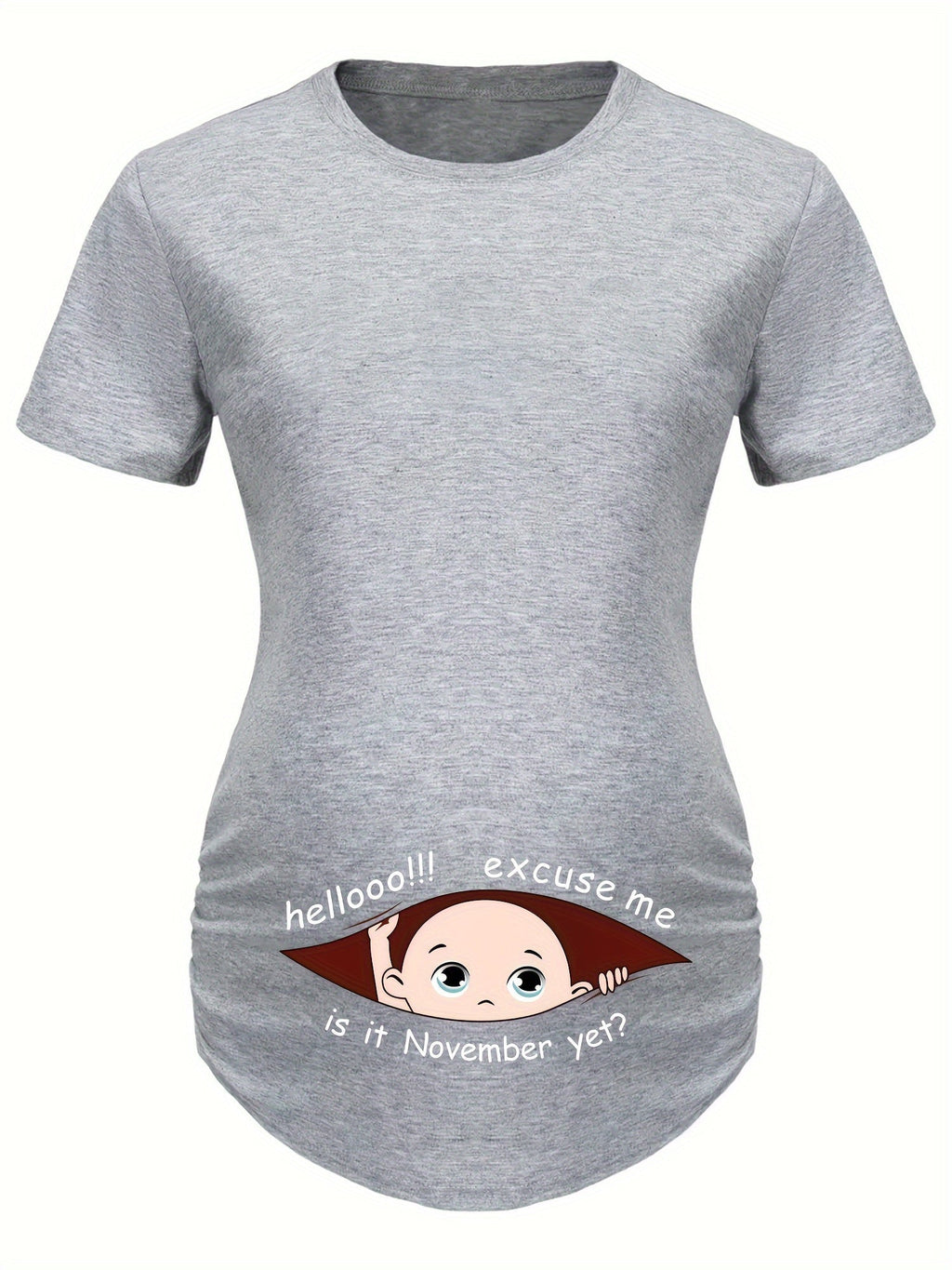 Hello Month & Cartoon Character Print Maternity T-Shirt, Round Neck Short Sleeve Pregnant Women's Top for Pregnancy Announcement - Comfortable Fit