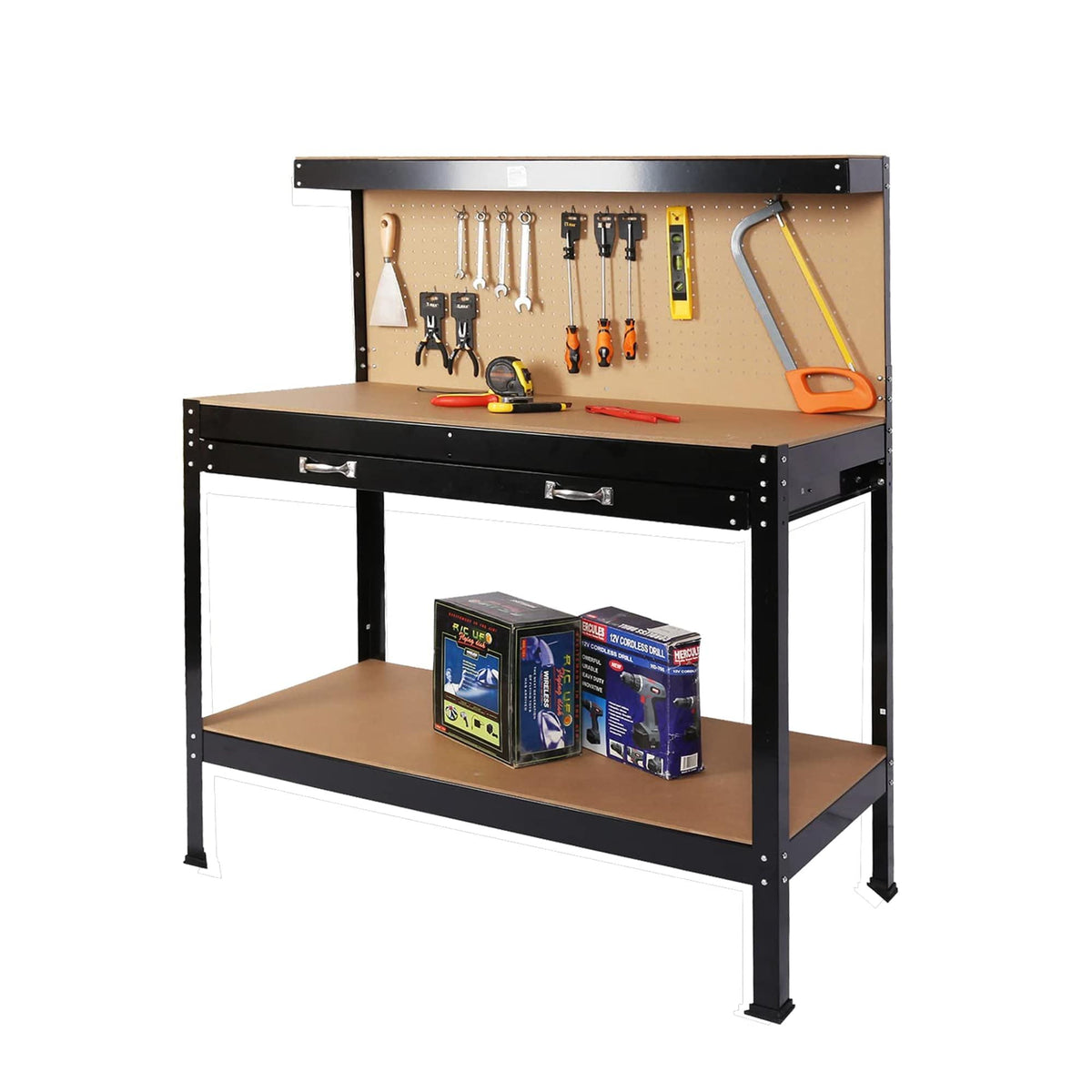 Tool Workbench with Drawers and Pegboard 63"