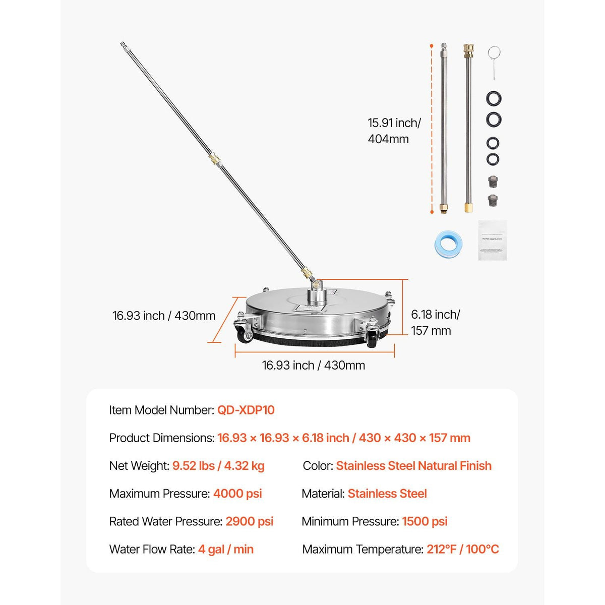 16.5" Pressure Washer Surface Cleaner Stainless Steel Pressure Washer Attachments 4000 Max PSI