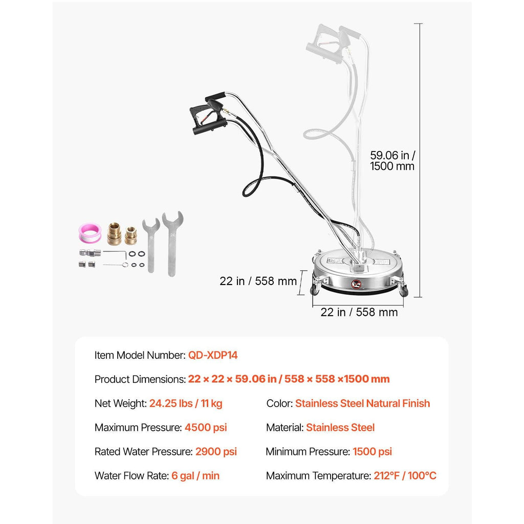 22" Pressure Washer Surface Cleaner Stainless Steel Pressure Washer 4500 Max PSI