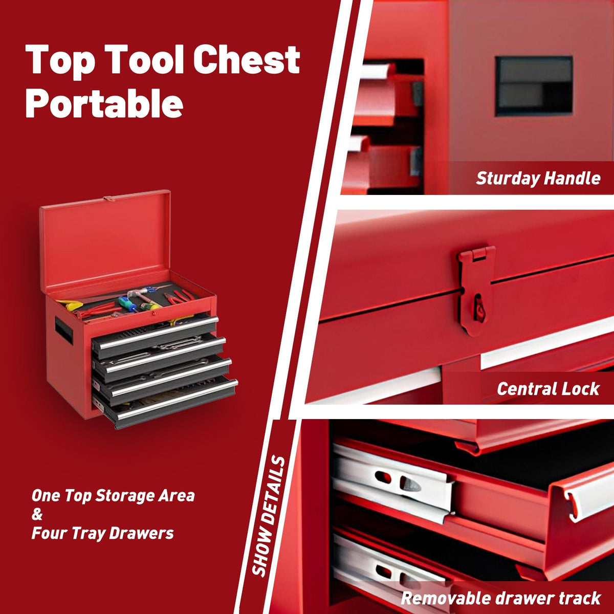 Tool Chest 5-Drawer Rolling Tool Storage Cabinet with Detachable Top Tool Box