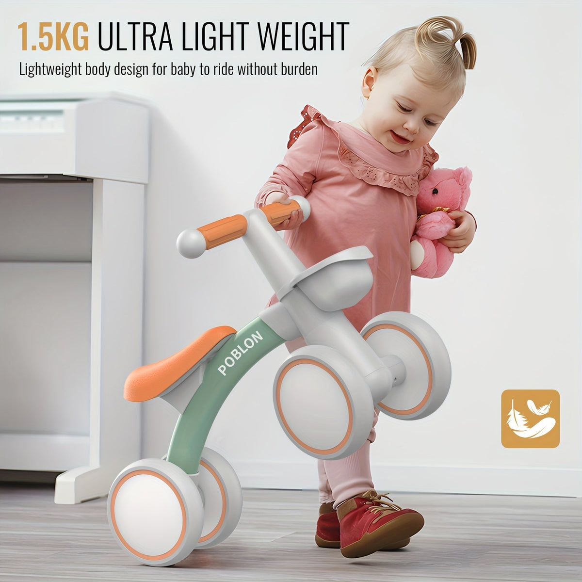 Toddler 4-Wheel Balance Bike (12–24 Months) — Pedal-Free with Adjustable Seat, Removable Basket & Quiet EVA Tires