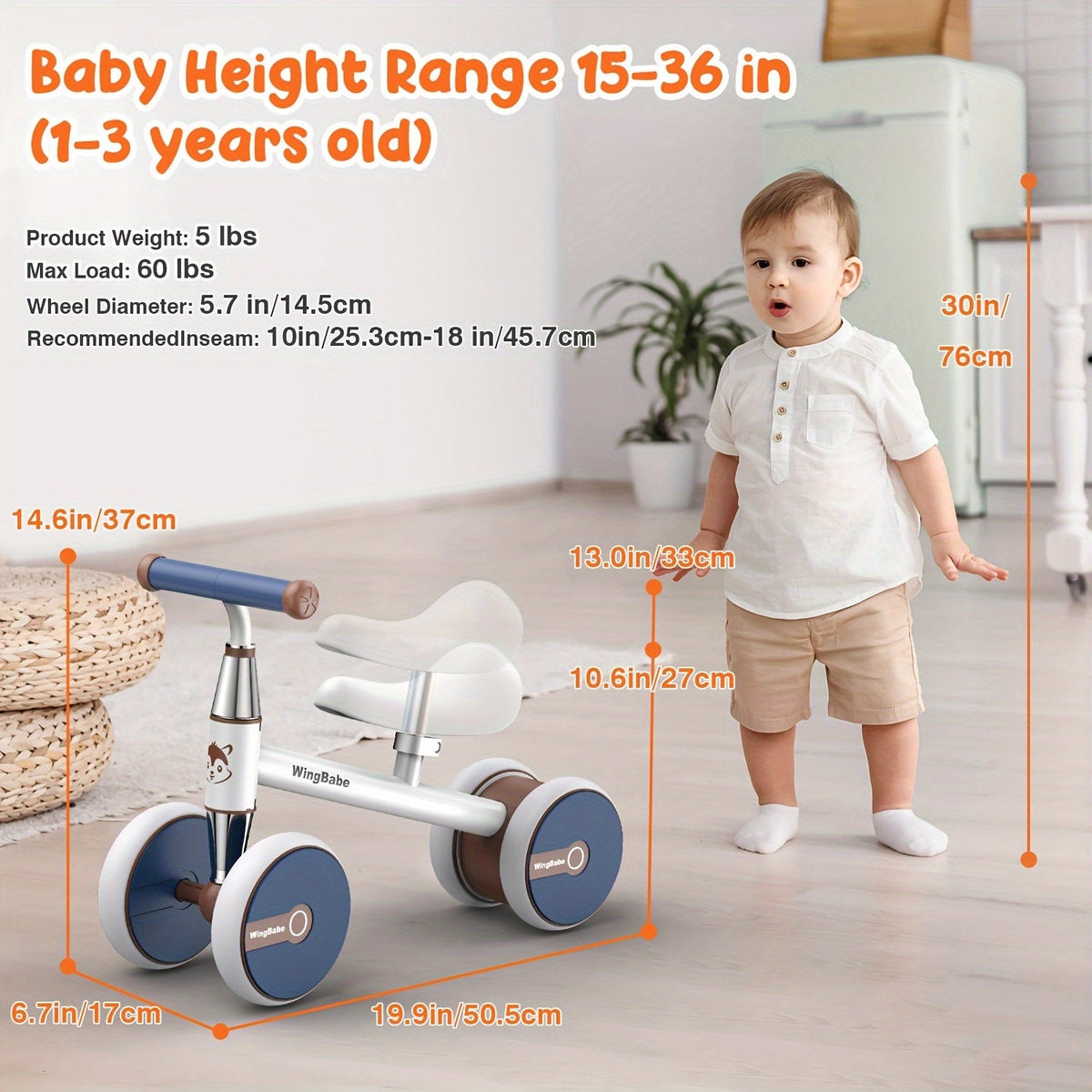 4-Wheel Toddler Balance Bike for 12-36 Months (1-3 Years) – Adjustable Seat 10.6-13 in | Lightweight 5 lb, Supports up to 25 kg/55 lb – First Ride Gift for Boys & Girls