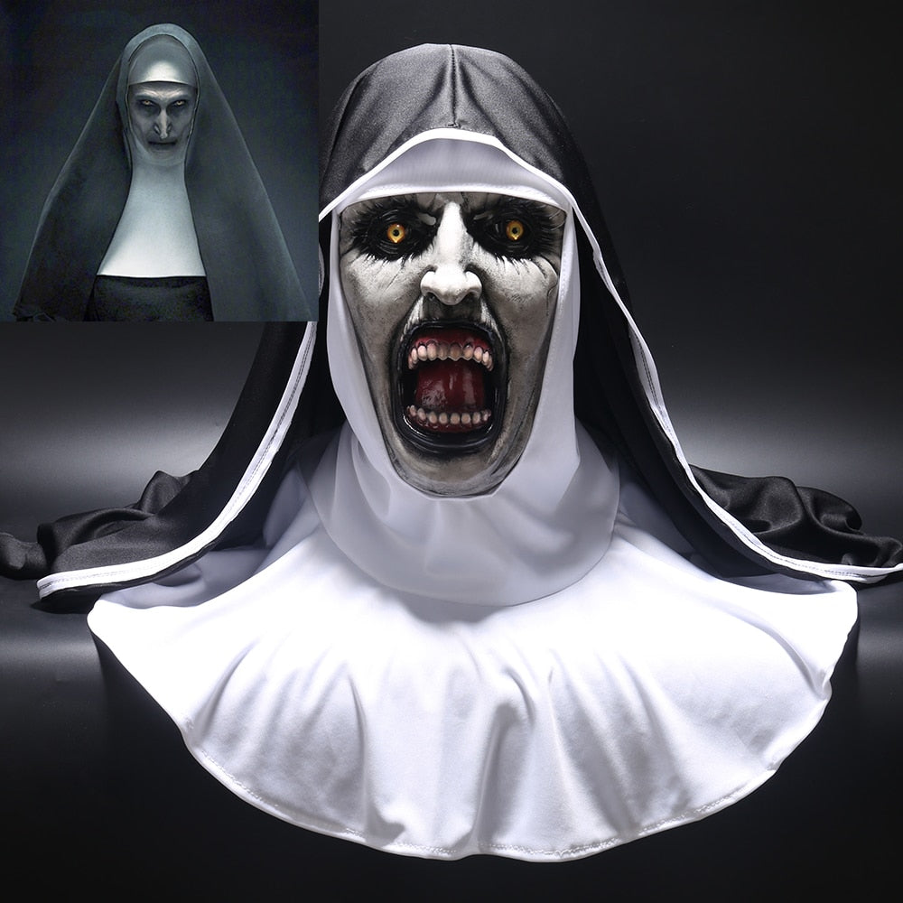 The Nun Horror Mask Cosplay Valak Scary Latex Masks with Headscarf Veil Hood Full Face Helmet Horror Costume Halloween Prop