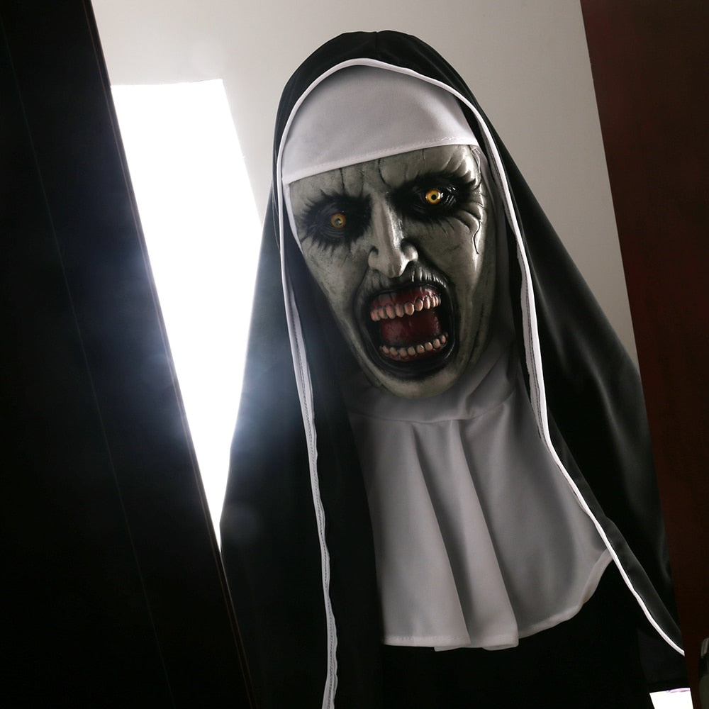 The Nun Horror Mask Cosplay Valak Scary Latex Masks with Headscarf Veil Hood Full Face Helmet Horror Costume Halloween Prop