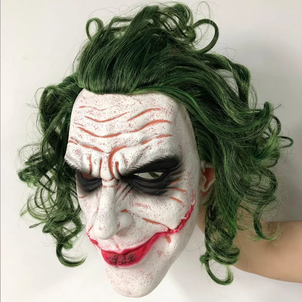 Joker Mask Cosplay Latex Masks With Green Hair Wig Scary Halloween Party Costume Props