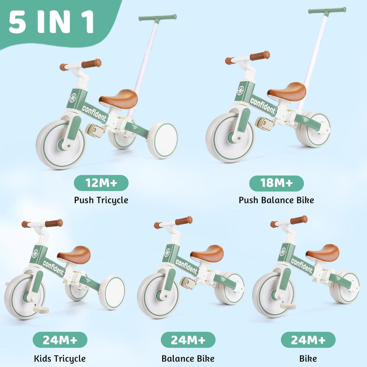 5-in-1 Toddler Balance Bike & Tricycle — Convertible Ride-On with Removable Pedals & Push Handle, Ages 2+, Green