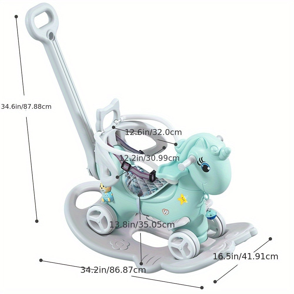 Blue Cartoon Balance Bike Rocking Horse Toddler Ride-On (12+ Months) — Push Handle, Detachable Balance Board & Foot Pedal