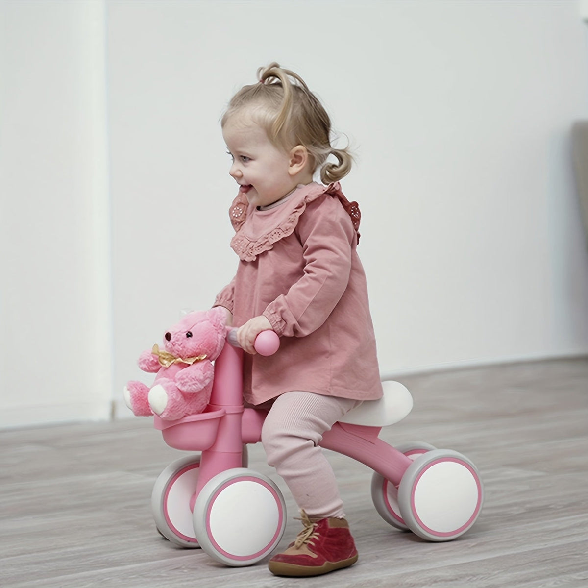 Toddler 4-Wheel Balance Bike (12–24 Months) — Pedal-Free with Adjustable Seat, Removable Basket & Quiet EVA Tires