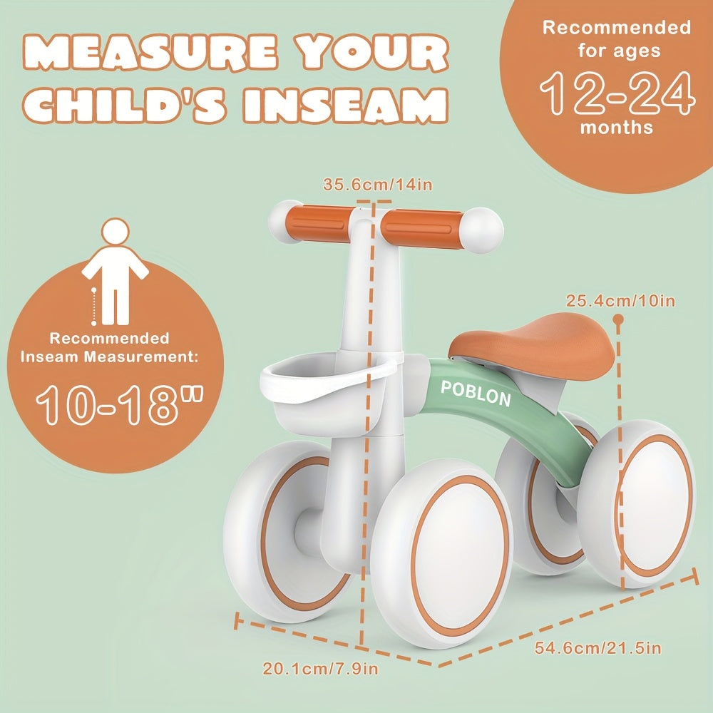 Toddler 4-Wheel Balance Bike (12–24 Months) — Pedal-Free with Adjustable Seat, Removable Basket & Quiet EVA Tires