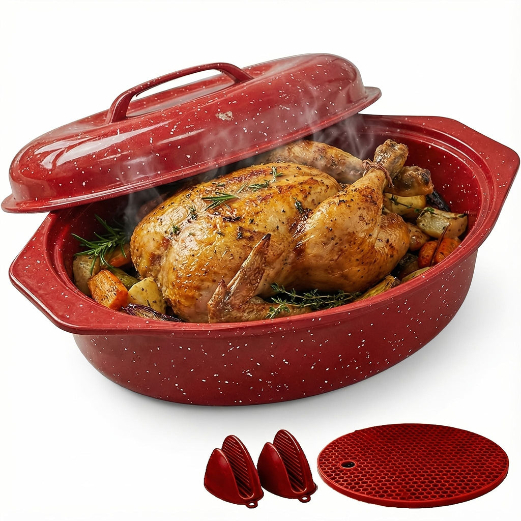 Oval Enamel Roasting Pan with Lid Baking Dish Turkey Roaster