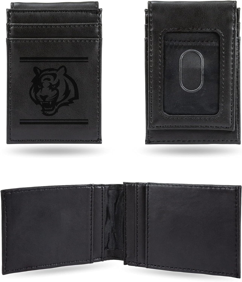 Cincinnati Bengals Premium Black Leather Wallet, Front Pocket Magnetic Money Clip, Laser Engraved, Vegan